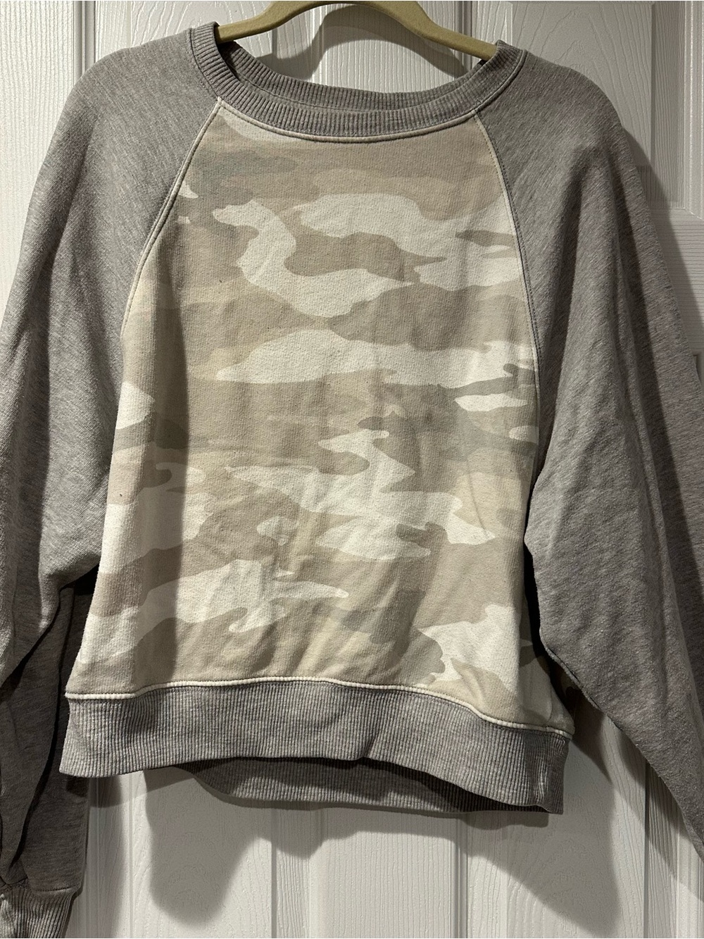 American Eagle Outfitters Beige and Gray Camo-Panel Crewneck Sweatshirt